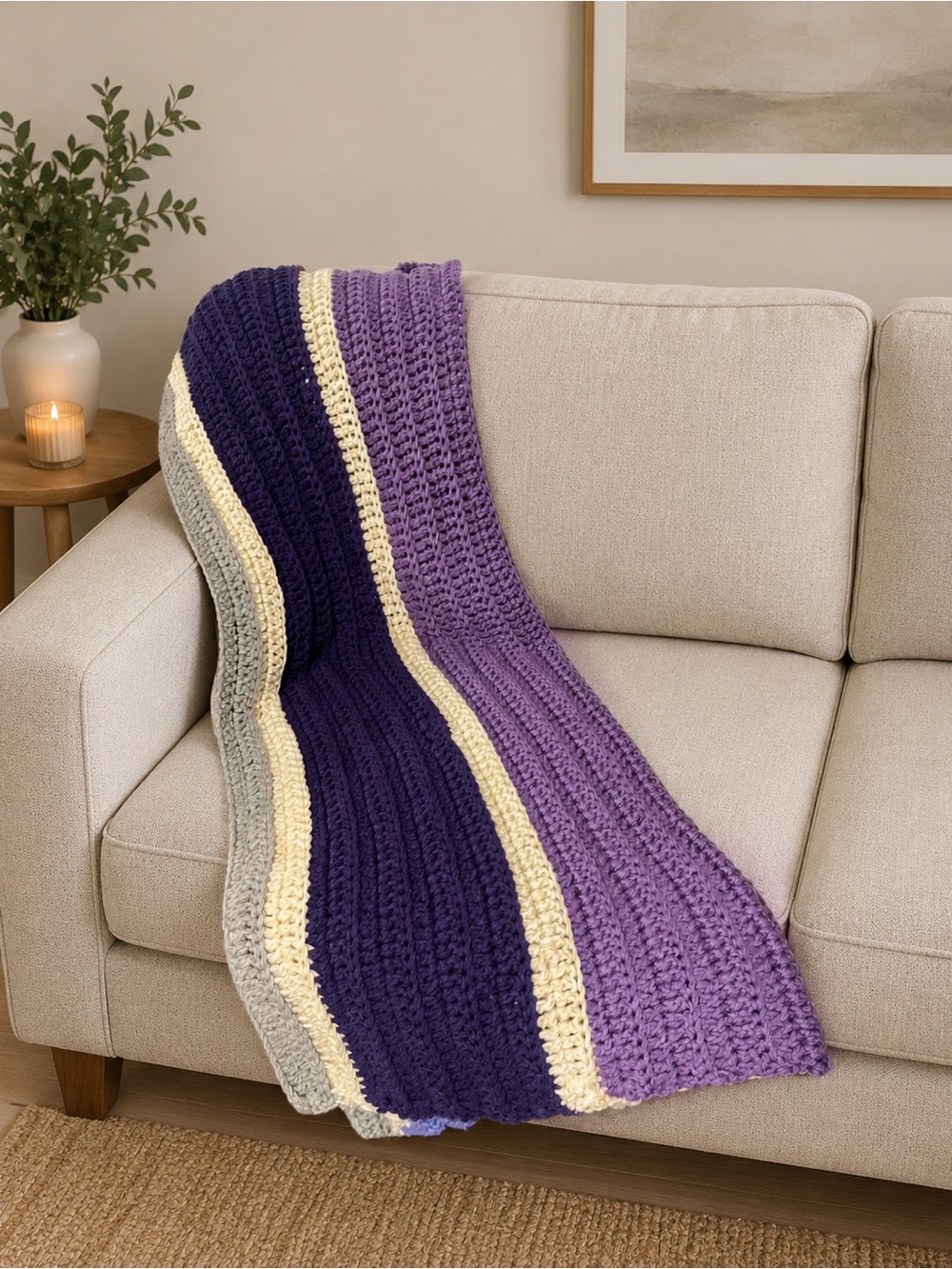 Handmade Crochet Striped Throw Blanket Purple Gray Cream Chunky Open Knit Afghan